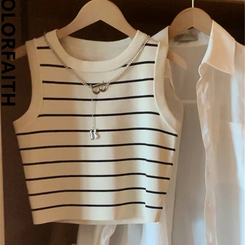 Chic Striped Crop Tank & Shirt Set – Effortless Parisian Style- Coastal Thread