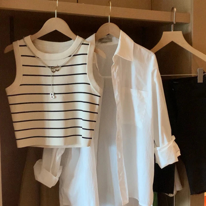 Chic Striped Crop Tank & Shirt Set – Effortless Parisian Style- Coastal Thread
