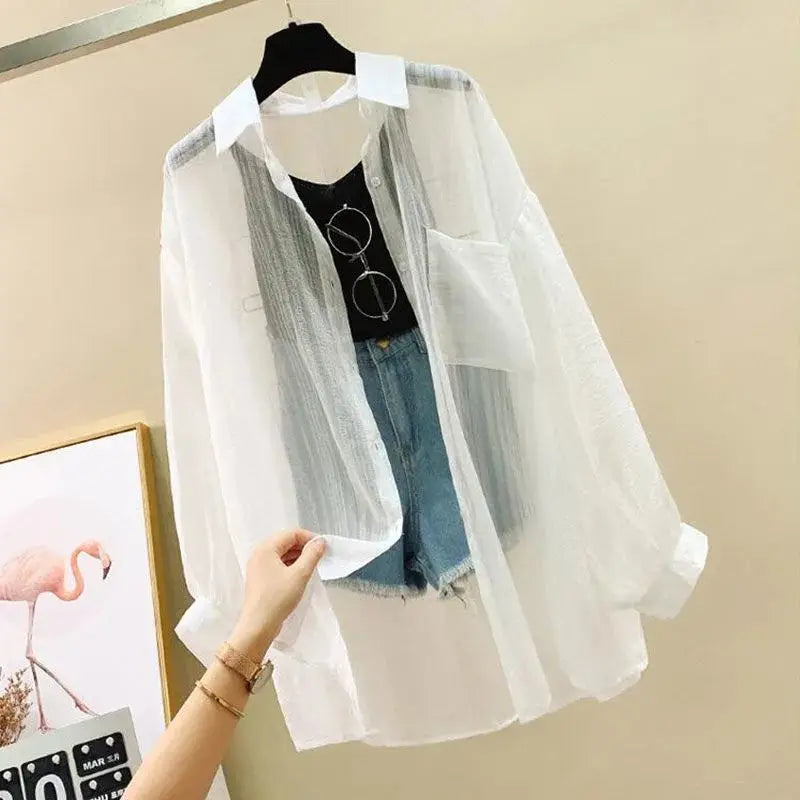BreezeLayer Sheer Chiffon Sun Shirt – Lightweight Oversized Summer Blouse- Coastal Thread