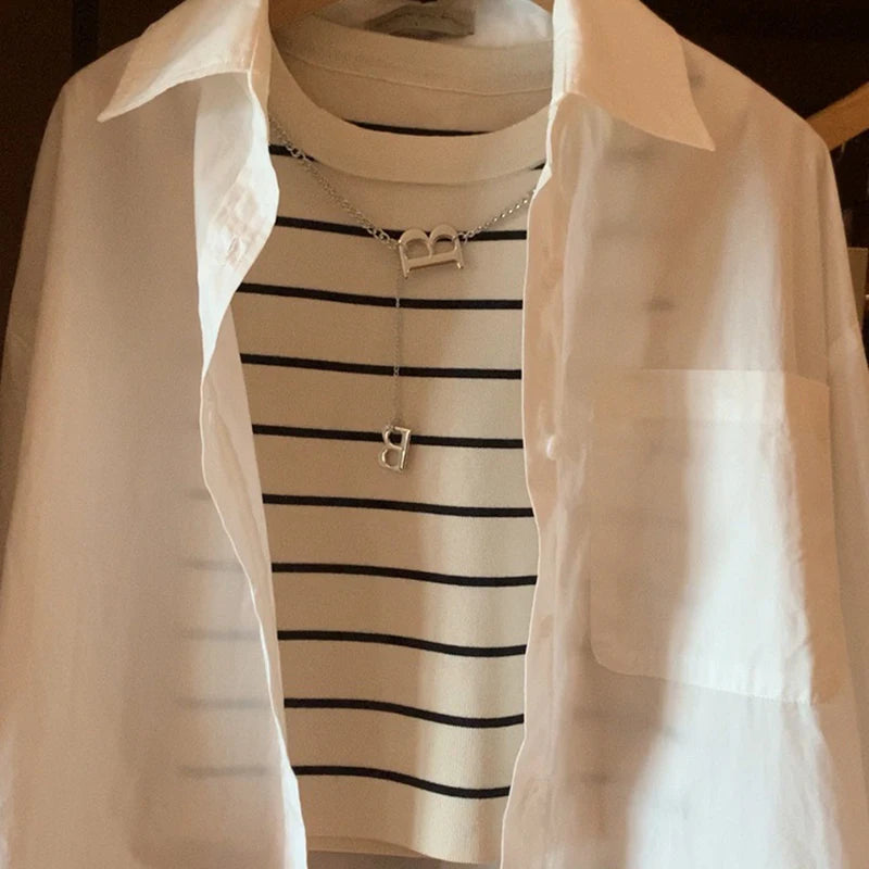 Chic Striped Crop Tank & Shirt Set – Effortless Parisian Style- Coastal Thread