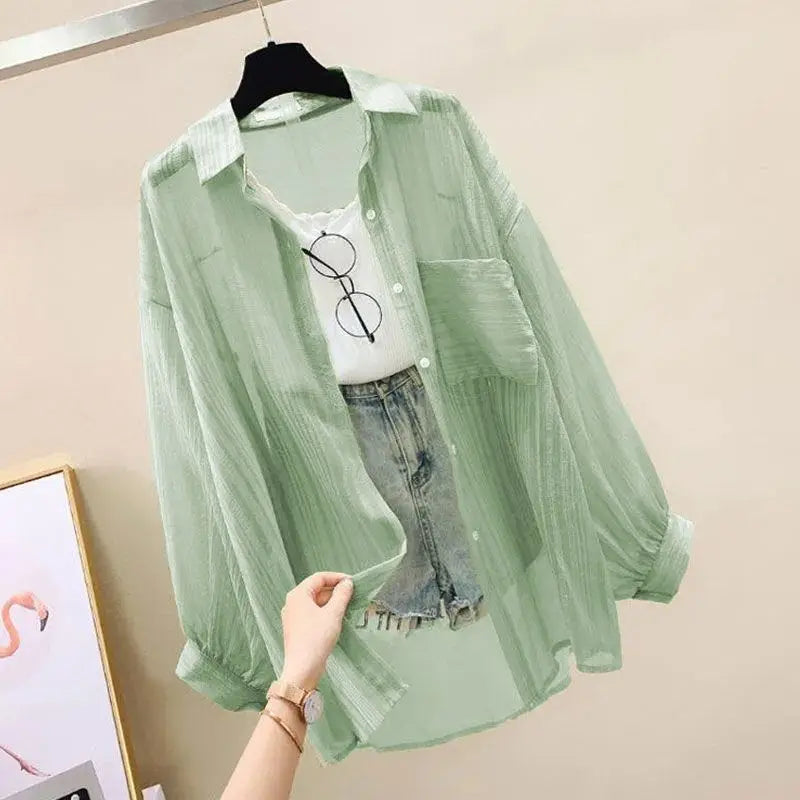BreezeLayer Sheer Chiffon Sun Shirt – Lightweight Oversized Summer Blouse- Coastal Thread