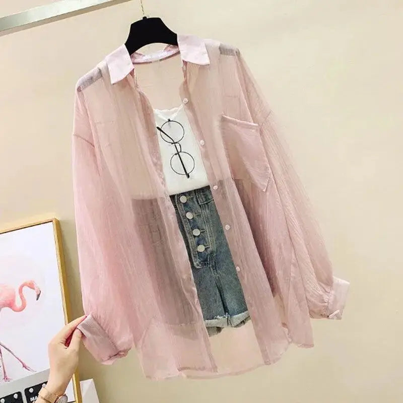 BreezeLayer Sheer Chiffon Sun Shirt – Lightweight Oversized Summer Blouse- Coastal Thread