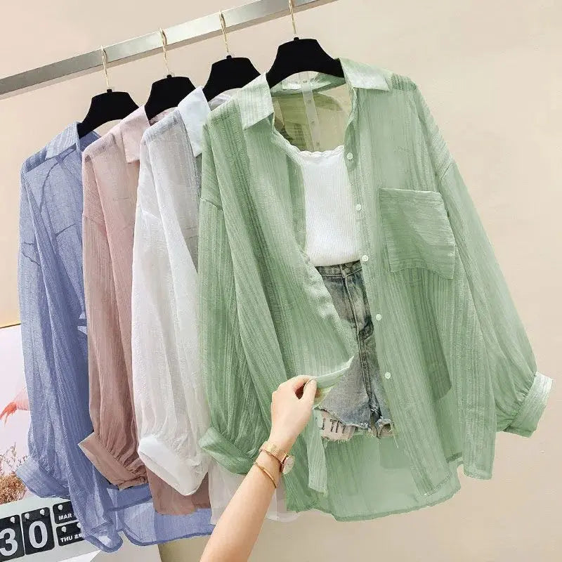 BreezeLayer Sheer Chiffon Sun Shirt – Lightweight Oversized Summer Blouse- Coastal Thread